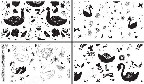 bird plant clipart, nature doodle illustration, wildlife botanical mix, hand drawn nature icons, forest animal plant art, black white nature clipart, printable nature doodles, kids nature pack, nature