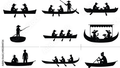Boat rowing and fishing silhouettes vector set, people paddling canoes and gondolas, traditional water transport scenes, black icons isolated on white background