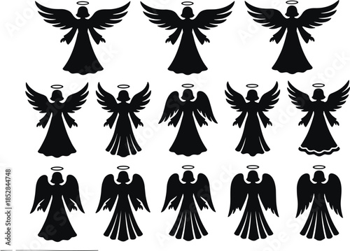 Angel silhouette illustration set, winged guardian figures with halo, black spiritual heavenly symbols isolated vector design collection