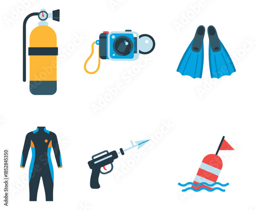 Scuba diving equipment icons set