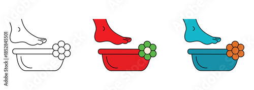 Feet in foot baths with flowers for relaxation and wellness