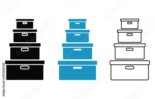 Colorful stack of storage boxes in black, blue, and white