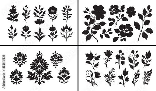 floral sprig clipart, botanical flower illustration, hand drawn floral elements, leaf flower sketches, black white floral art, printable botanical designs, flower outline collection, nature floral pac