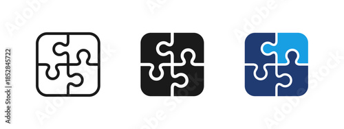 Puzzle icon showing connected pieces forming a complete square. Concept of solution, problem solving, integration, teamwork and strategic thinking for business, management and system processes.