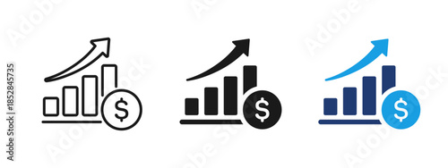 Financial growth icon with rising bar chart, upward arrow and dollar coin. Concept of profit increase, revenue growth, income, investment success and financial performance.
