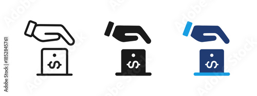 ATM cash deposit icon showing hand inserting money into bank machine. Concept of banking transaction, cash deposit, finance operation for ATM interface, mobile banking apps and fintech UI design.