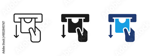 ATM cash withdrawal icon showing hand taking money from bank machine. Concept of banking transaction, cash out, finance and payment operation for mobile apps, fintech interfaces and UI design.