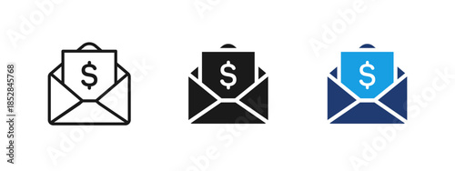Money envelope icon for salary, cash transfer and income. Financial concept for banking, payroll, bonus payout, transactions, revenue and money receiving in business and personal finance projects.