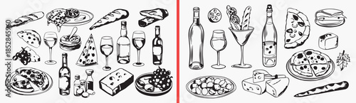 wine glass clipart, bottle illustration icons, alcohol drink sketches, bar glassware art, hand drawn wine bottles, black white drink clipart, printable bar icons, cocktail illustration pack, beverage 