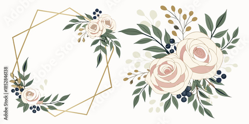 Flower Frame Watercolor Vector set. Flora Wreath Watercolor. Flower with gold frame. Rose and anemone flower. Wedding flower frame.