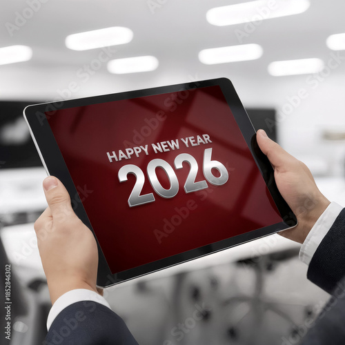 person holding a tablet with a new year greeting and numbers two thousand twenty-six