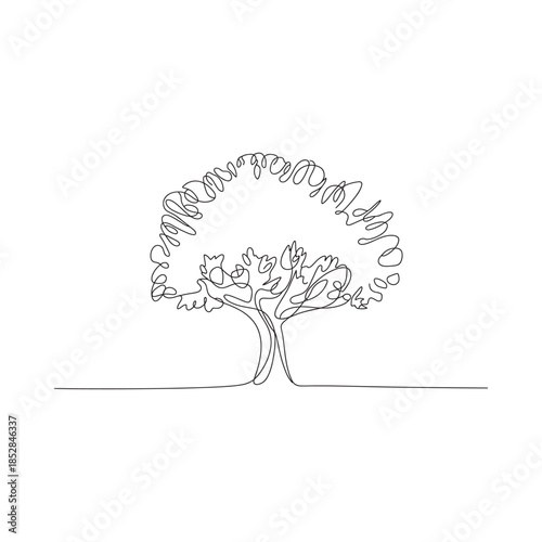 Minimalist single line drawing of a tree with detailed foliage and a grounded trunk