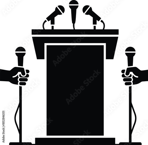 Podium Lectern with Microphones Black Silhouette Vector Illustration Press Conference Stage Speech Presentation Public Speaking Event Icon