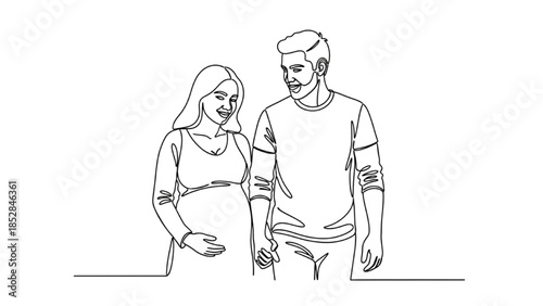 High-quality black continuous line art of pregnant woman walking with partner, maternity wellness, prenatal care, expecting parents, motherhood illustration