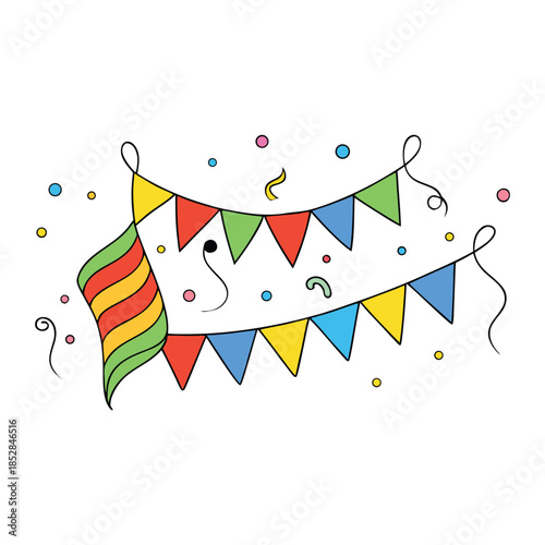 Colorful carnival confetti and ribbons festoon the air, swirling joyfully in a festive celebration, sparkling under lights and bringing energy to the lively scene.
