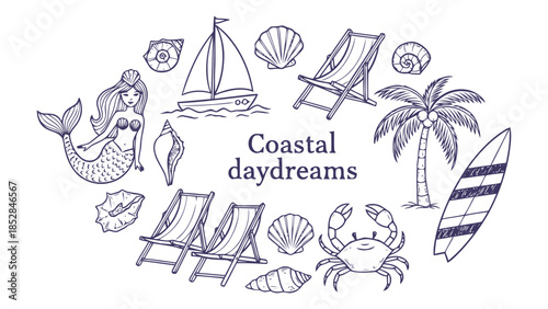 Coastal daydreams with mermaid and beach elements Vector, illustration