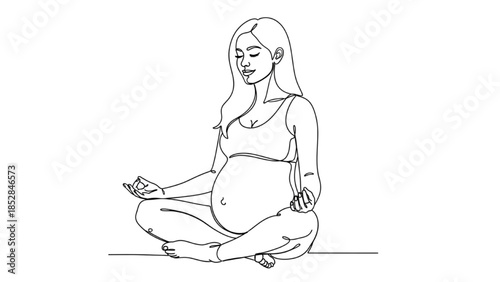 High-quality black continuous line art of pregnant woman practicing meditation or breathing exercises, prenatal wellness, maternity mindfulness, motherhood illustration