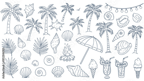 Collection of hand drawn tropical elements and beach symbols Vector, illustration