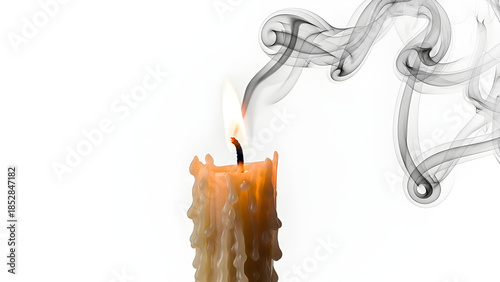 A lit candle with a wisp of smoke