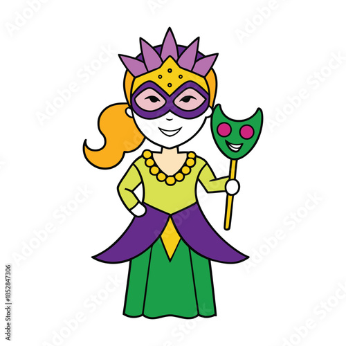 A dazzling Mardi Gras queen, adorned in vibrant beads and feathers, gracefully holds a decorative mask, radiating elegance, mystery, and festive charm.
