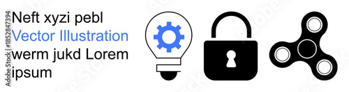 Technology, security, innovation, data protection, creative workflow, brainstorming. Lightbulb with gear, locked padlock and spinner icons. Technology and security concept visualization