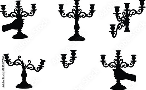 Vintage candelabra silhouette set, ornate candle holder collection, gothic decor illustration, black chandelier shapes isolated on white background, vector design