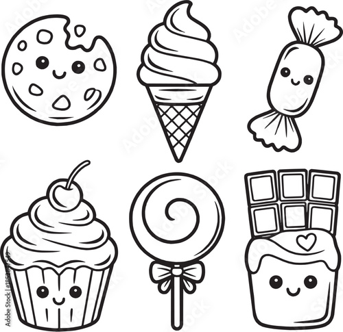 Sweet dessert doodle icon set. Cupcake, ice cream, candy and pastry illustrations in hand drawn style. Vector illustration.