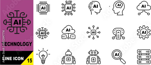 Artificial intelligence technology line icon set. AI brain, machine learning, neural network and smart automation symbols. Editable stroke vector illustration.