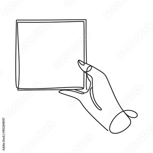 A delicate hand gently holds a blank square frame in a minimalist style