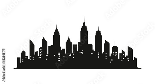 Black silhouette of city skyline buildings.