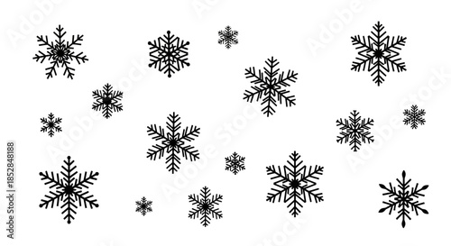 Black snowflakes on white background.
