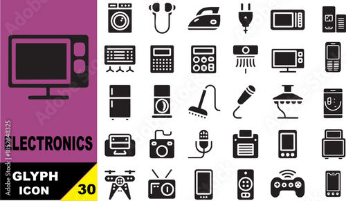 Electronics glyph icon set. Devices, gadgets and digital equipment symbols in solid style. Vector illustration.