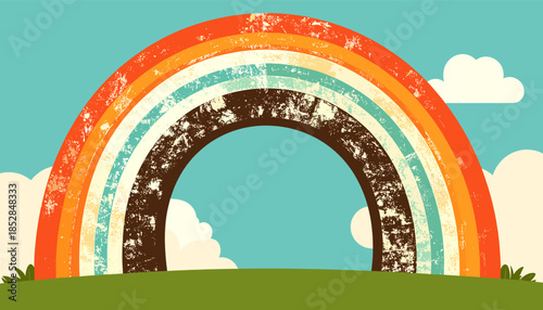 Illustration of a rainbow over a green field with a blue sky and clouds.