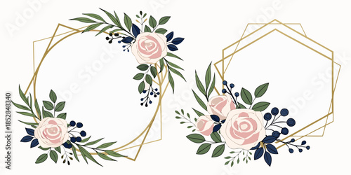 Flower Frame Watercolor Vector set. Flora Wreath Watercolor. Flower with gold frame. Rose and anemone flower. Wedding flower frame.