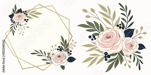 Flower Frame Watercolor Vector set. Flora Wreath Watercolor. Flower with gold frame. Rose and anemone flower. Wedding flower frame.