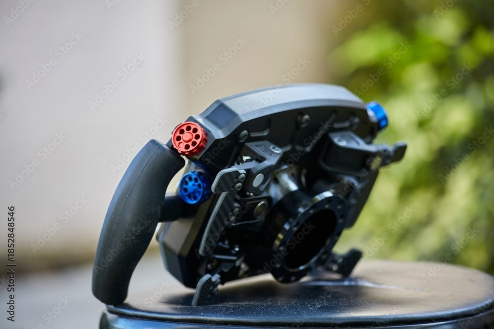 Naklejka premium Sim Racing Wheel for hobbies, back view.