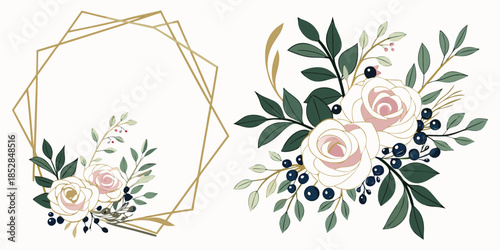 Flower Frame Watercolor Vector set. Flora Wreath Watercolor. Flower with gold frame. Rose and anemone flower. Wedding flower frame.