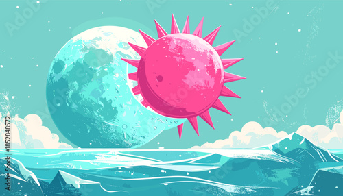 Stylized illustration of a pink sun partially eclipsing a blue moon over a landscape.