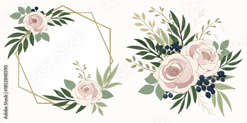 Flower Frame Watercolor Vector set. Flora Wreath Watercolor. Flower with gold frame. Rose and anemone flower. Wedding flower frame.