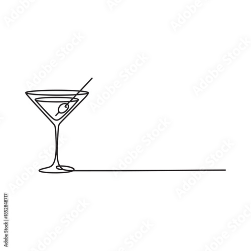 A minimalist single line drawing of a classic martini glass with olive garnish