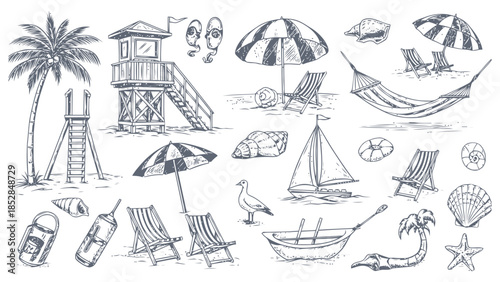 Beach scene with lifeguard tower and various beach items Vector, illustration