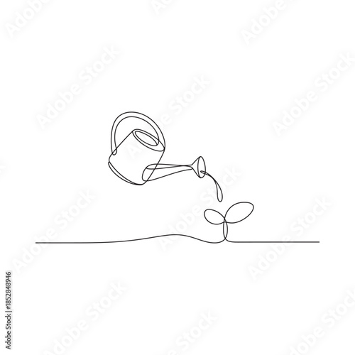 A single line drawing of a watering can nurturing a small growing plant