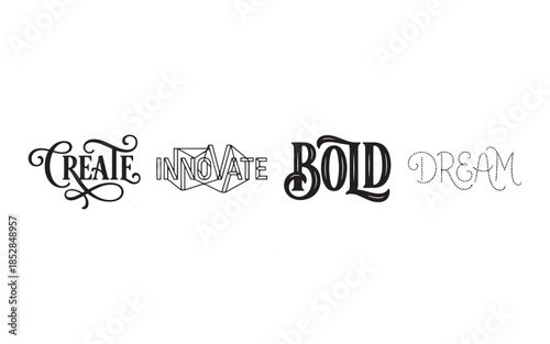 Motivational Typography Set: Create, Innovate, Bold, and Dream Hand Lettering Vector Illustration