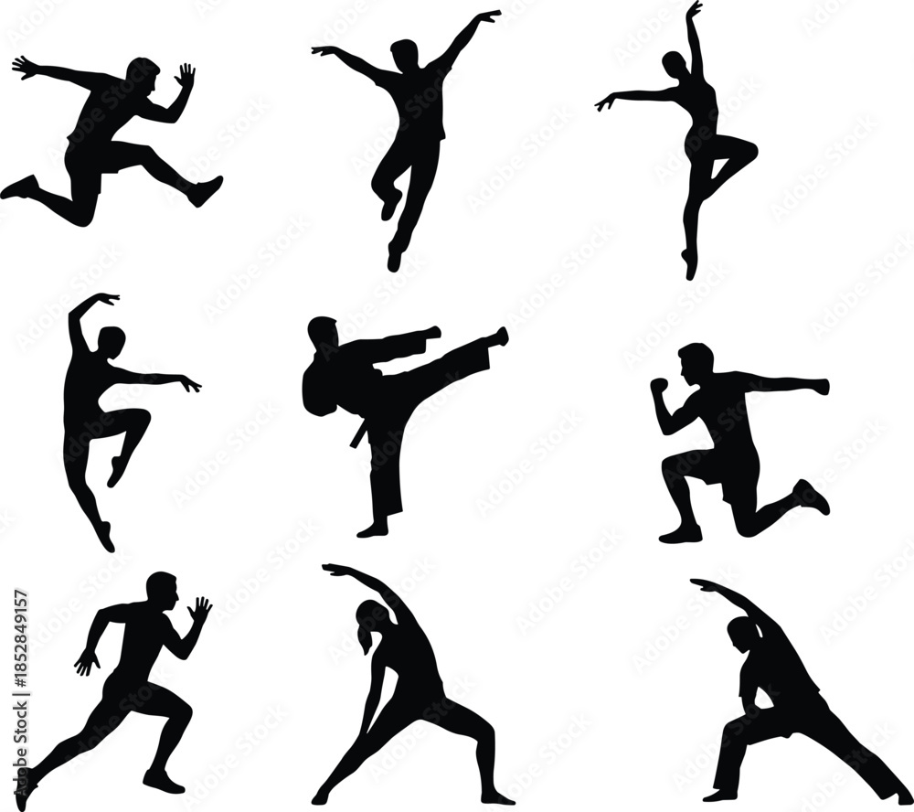 Fototapeta premium Diverse silhouettes set of active people including running jumping dancing yoga and karate poses isolated on white background for sport design.