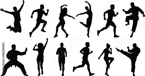 Active people silhouettes set including running jumping dancing and martial arts athletes performing fitness exercises isolated on a clean white background.
