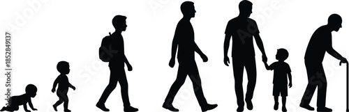 Silhouette of male human life cycle stages from crawling baby to walking toddler, student, adult man, father, and elderly senior