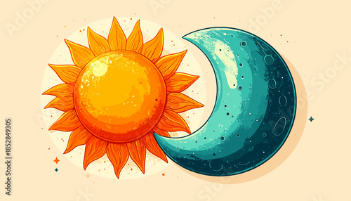 Stylized illustration of a sun and moon with a warm, whimsical aesthetic.