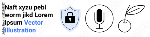 Cybersecurity, audio communication, privacy, healthy growth, secure design, food concepts. A shield with a lock, a microphone and a cherry graphic. Cybersecurity and audio communication
