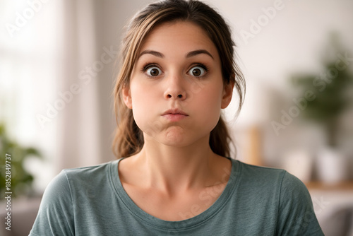 Captured Breath: A woman holds her breath, eyes wide in a moment of anticipation. Close-up on the emotional reaction of holding your breath