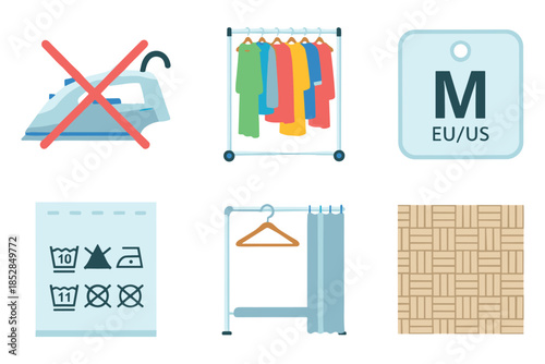 Clothing care and sizing flat icons set